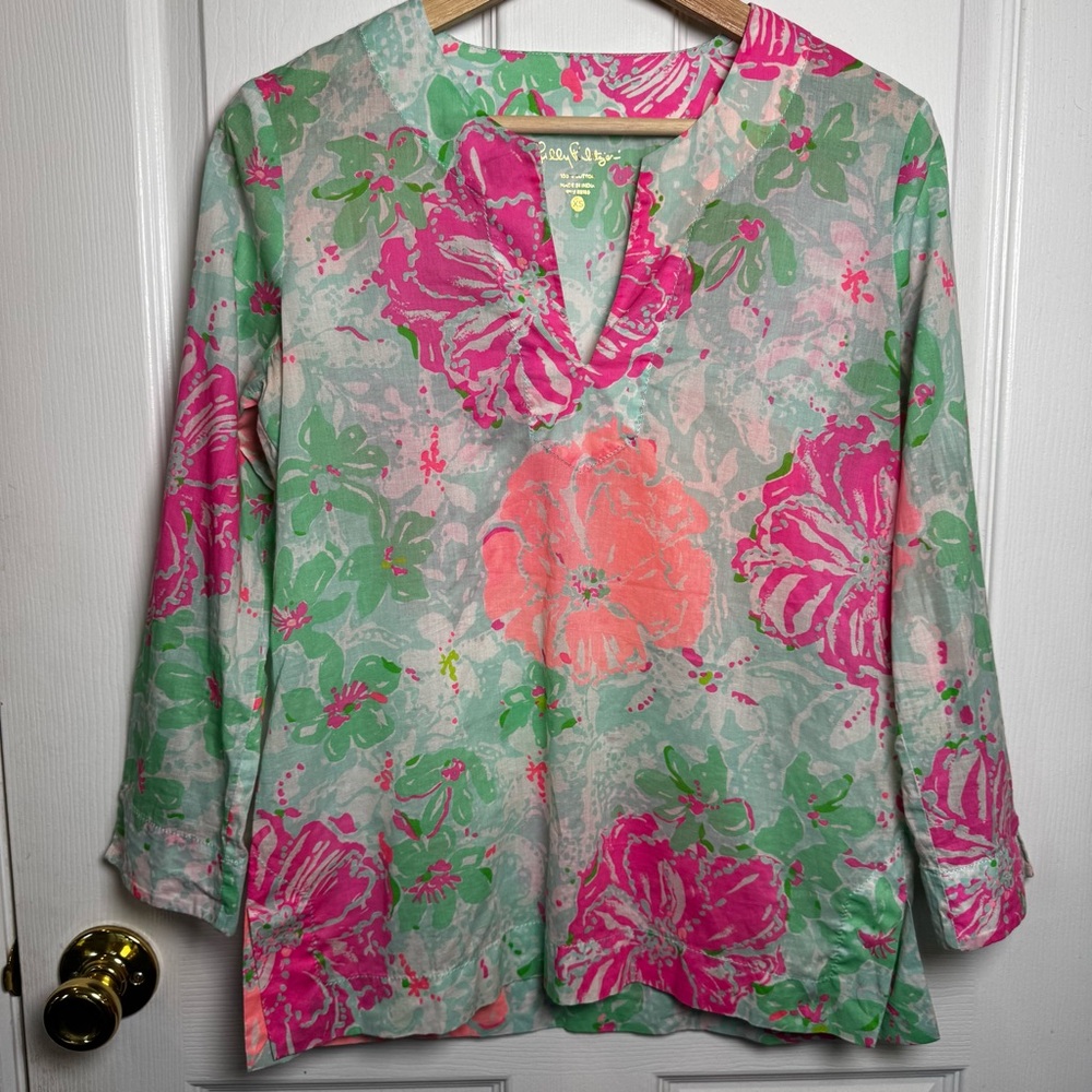 Lilly Pulitzer Amelia Island Tunic XS Beach Walk Pink Green Cotton Top Coastal